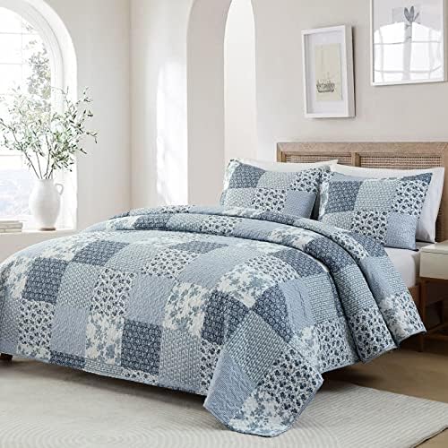 Boryard 3-Piece Queen Quilt Set Navy Blue Plaid Print