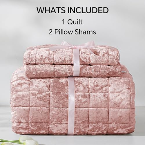 BEDELITE Velvet Quilt Set Queen - 3 Piece Luxury Dusty Pink Comforter Bedding