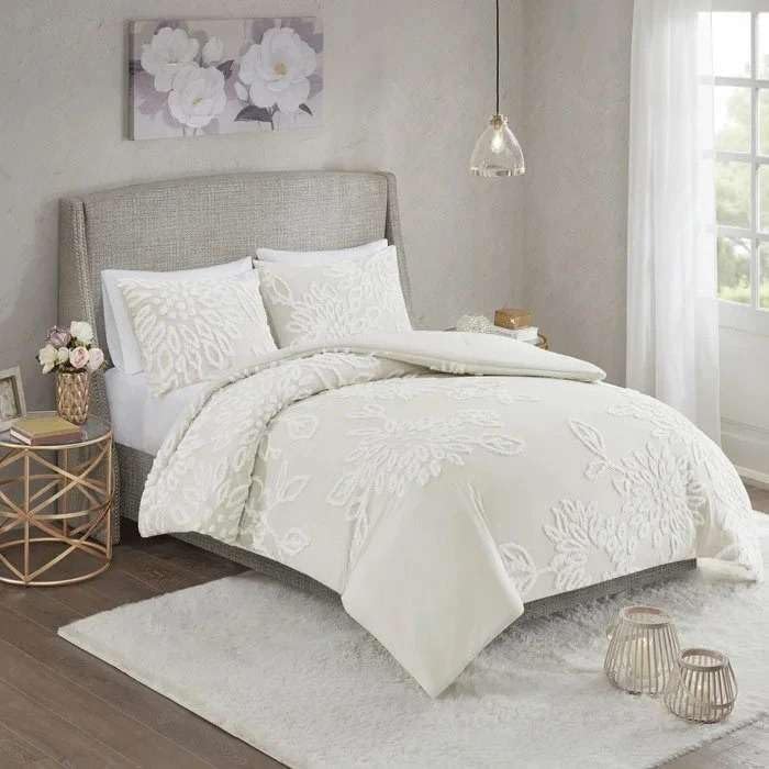 5 Piece Boho Tufted Duvet Cover Set - Ivory Leaf 1