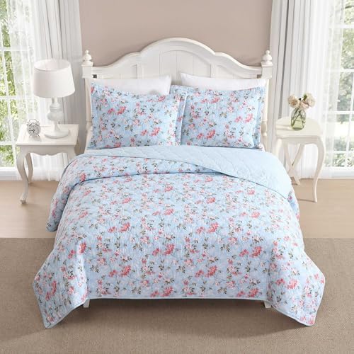 Laura Ashley Full Queen Quilt Set with Shams - Floral Print 100 Cotton