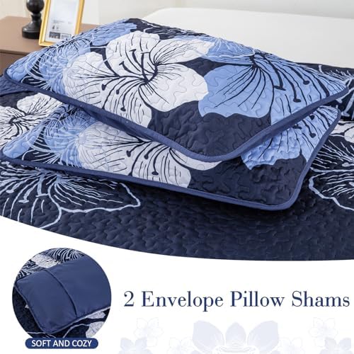 DJY 3 Piece Quilt Set California King Navy Blue Floral Pattern