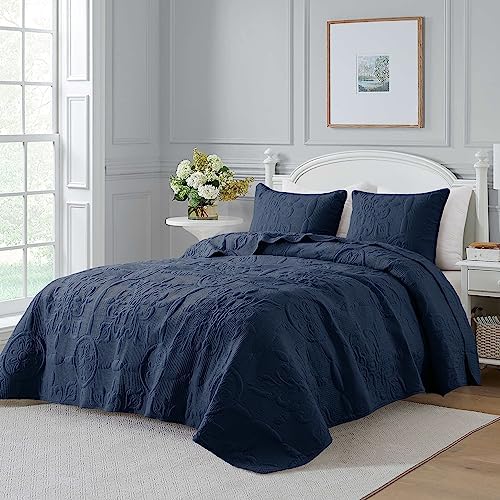 B2EVER Navy Blue Damask Quilt Queen Set with 2 Pillow Shams