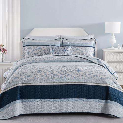 SOElinens Queen Size Quilt Set Navy Blue Floral