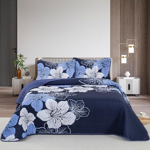 DJY 3 Piece Quilt Set California King Navy Blue Floral Pattern