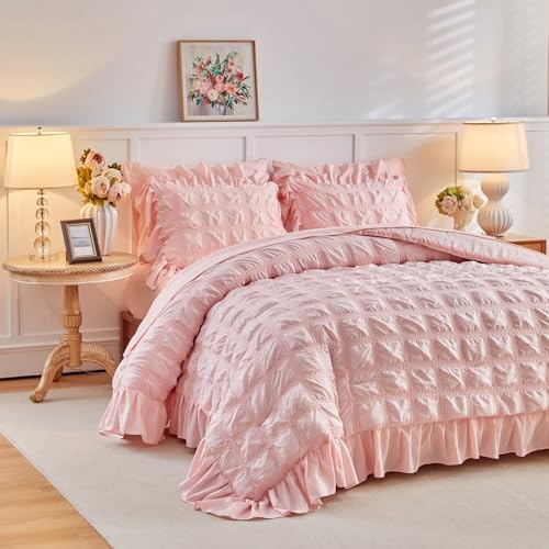 Tititada Blush Pink Plaid Seersucker Comforter Set
