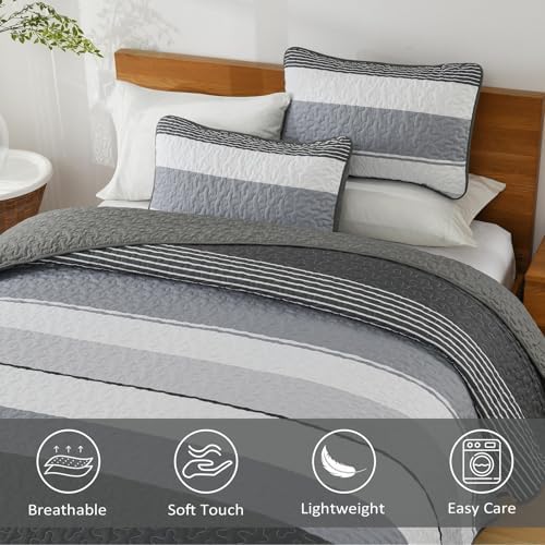 Dinjoy Boho Quilt Set Queen - Black White with Grey Striped