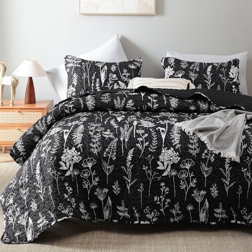 JANZAA Queen Size Quilt Set with Floral Pattern - Black 1