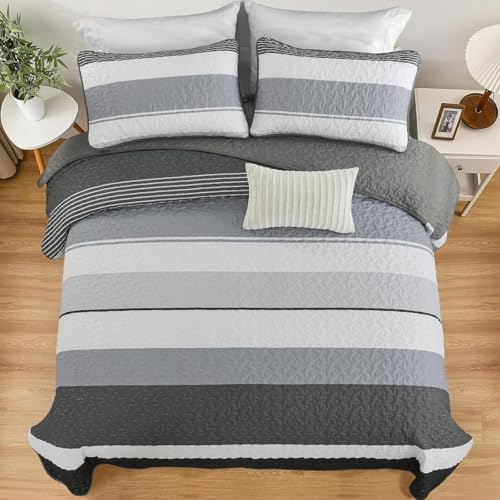 Dinjoy Boho Quilt Set Queen - Black White with Grey Striped