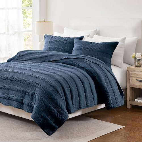 HomeSerene Navy Blue Striped Queen Quilt Set