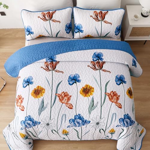 WONGS BEDDING Blue Floral Quilt Set King Size