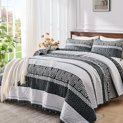 DJY Striped Quilt Set King Size 3 Pcs Black White