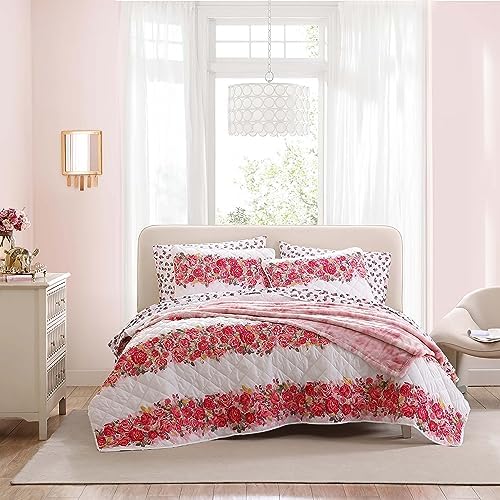 Betsey Johnson Queen Quilt Set - Banded Floral Pink