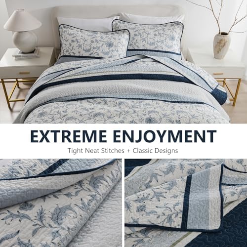 DUOHONG 100 Cotton King Quilt Set 3pcs Navy Blue White