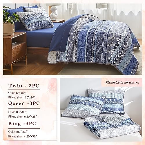 3 Piece Bohemian Quilt Set King Size Blue Grey Striped