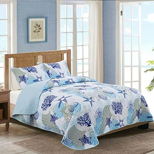 Dinjoy Coastal Quilt Set Queen Size Blue Ocean Theme