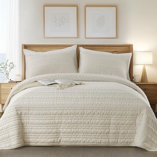 KASENTEX Queen Quilt Set 3 Pieces with Pillow Shams Light Khaki Velvet Bedding