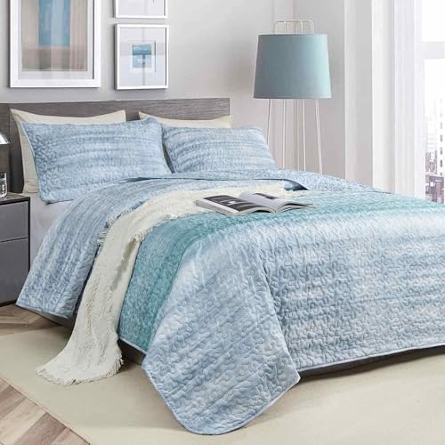 Nanko King Size Quilt Set 3 pcs Grey Teal Blue Striped