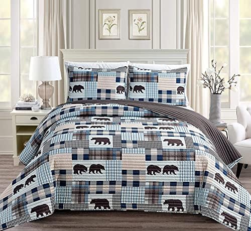 Rustic Farmhouse Bedspread Set with Grizzly Bear Buffalo Plaid Patterns - Twin