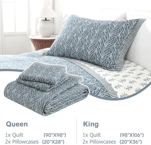 Finlonte Queen Size Cotton Quilt Set - 3 Pcs Grayish BlueWhite