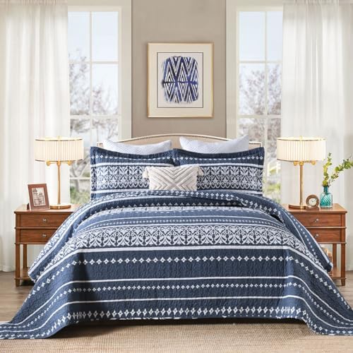 Qiqiong Queen Quilt Set Navy Blue White Striped