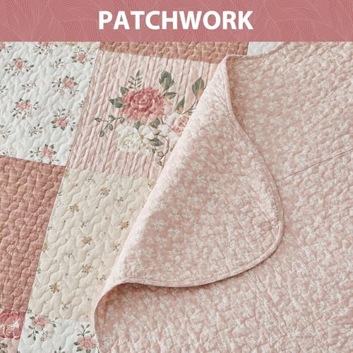SahSahCasa 128x120 Cotton Patchwork Bedspread Set - Floral Cal King Quilt