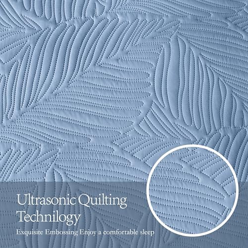 OARAGE Queen Quilt Set Soft Lightweight Bluish Grey with Leaf Pattern