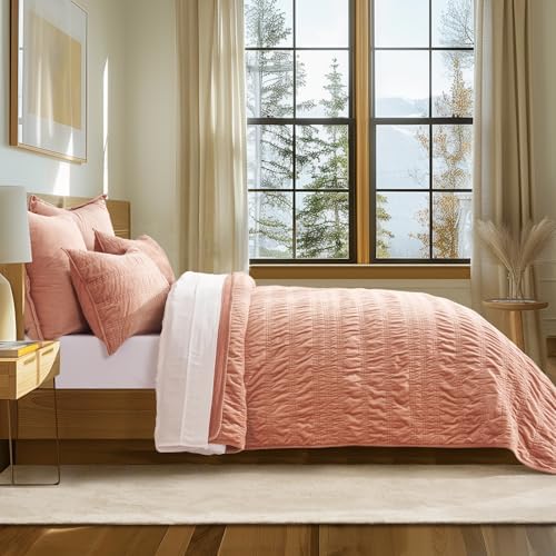 EVERGRACE Velvet Quilt Set Queen Size Pink Clay