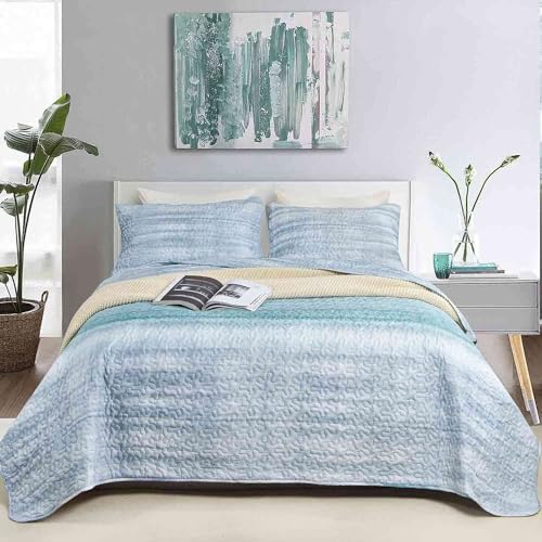 Nanko King Size Quilt Set 3 pcs Grey Teal Blue Striped