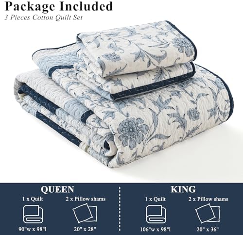 SOElinens Queen Size Quilt Set Navy Blue Floral