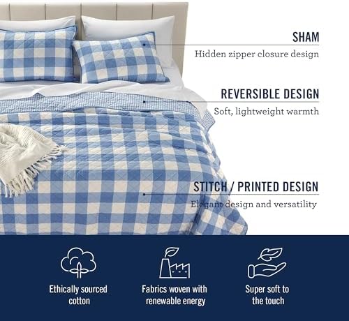 IZOD 100 Cotton Percale Quilt Set Reversible Twin Bedding Blue Gingham