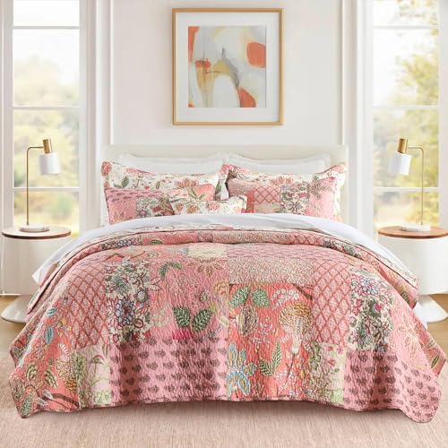 Etwel Queen Quilt Bedding Set Patchwork Floral Pink Comforter