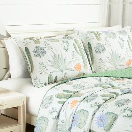 Chezmoi Gregory 2-Piece Quilt Set - Green Blue Cactus Print