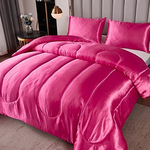 Kanak Bedding 3PC Satin Comforter Set Queen Hot Pink
