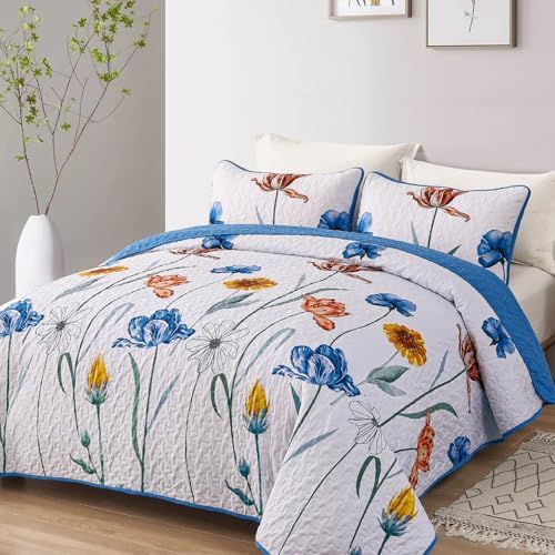 WONGS BEDDING Blue Floral Quilt Set King Size