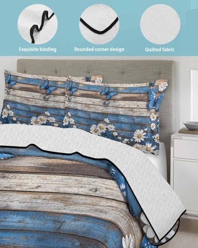 RisQiten Twin XL Quilt Set - Blue Butterfly White Daisy Reversible Bedding