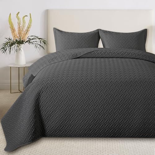 HYLEORY Dark Grey Full Queen Quilt Set with 2 Pillow Shams
