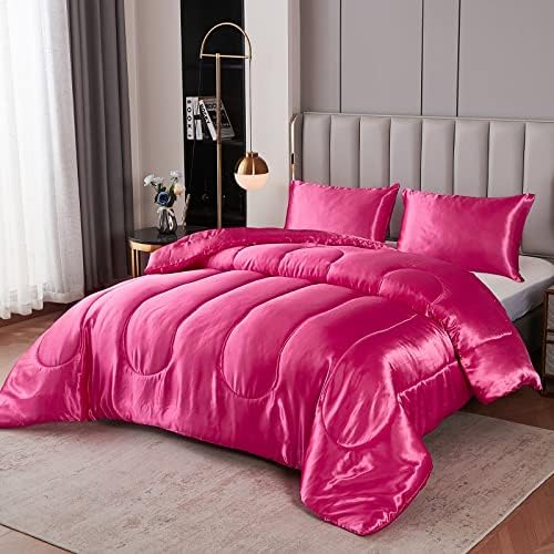 Kanak Bedding 3PC Satin Comforter Set Queen Hot Pink
