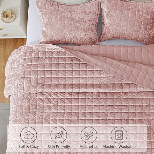 BEDELITE Velvet Quilt Set Queen - 3 Piece Luxury Dusty Pink Comforter Bedding