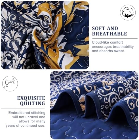 Navy Damask Quilt Set King 3Pcs Microfiber
