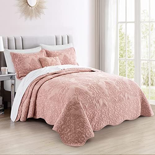 BYTIDE Quilt Bedspread 4 Piece Set Dusty Pink Damask 1