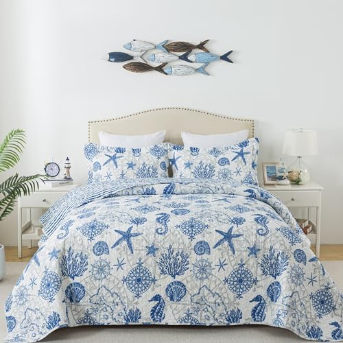 HoneiLife Coastal Quilt Set King - 3 Piece Ocean Themed Bedding
