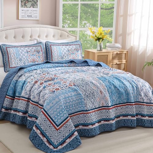 WONGS BEDDING Blue Boho Quilt Set King Size 3 Pieces