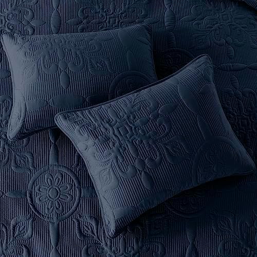 B2EVER Navy Blue Damask Quilt Queen Set with 2 Pillow Shams