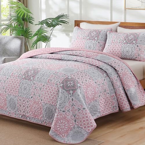 Dobuyly Pink Grey Quilt Set King Size