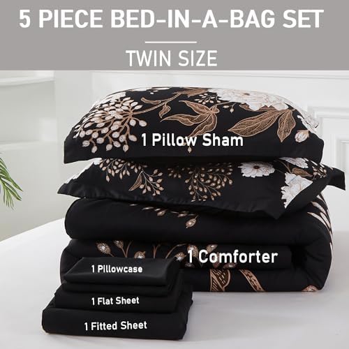 Yogeneg 5 Piece Twin Comforter Set Botanical Floral Bedding 1