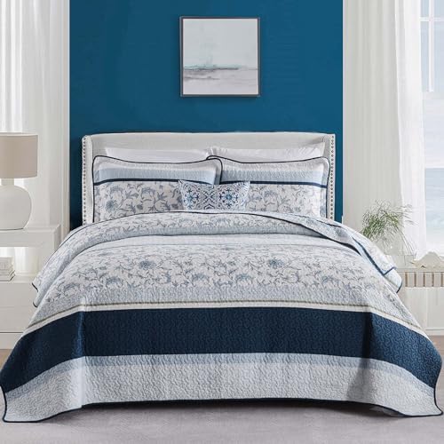DUOHONG 100 Cotton King Quilt Set 3pcs Navy Blue White