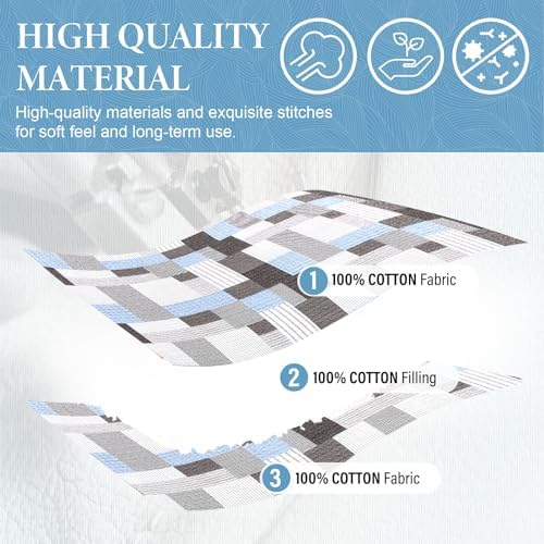 SahSahCasa King Size Quilt Set 3Pcs Taupe Blue White