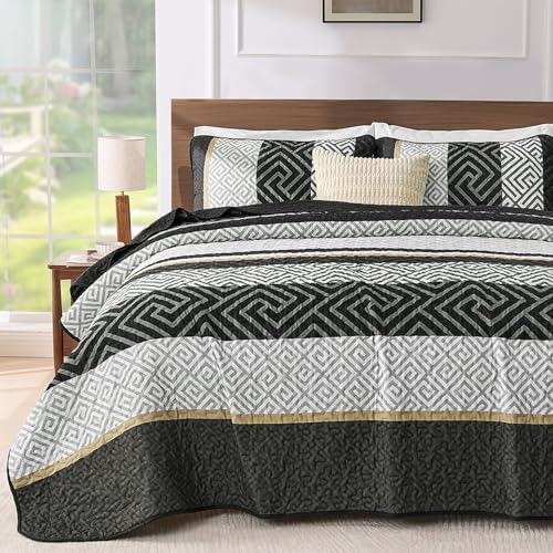 WONGS BEDDING King Size Quilt Set Black 3 Pieces 1