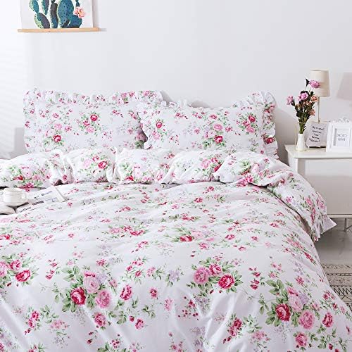 FADFAY 4-Piece Premium Cotton Bedding Set with Pink Rose Print