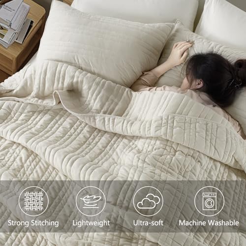 KASENTEX Queen Quilt Set 3 Pieces with Pillow Shams Light Khaki Velvet Bedding